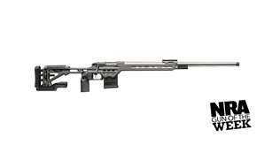 Bergara Premier Competition rifle right side full length on white with text noting "NRA GUN OF THE WEEK"