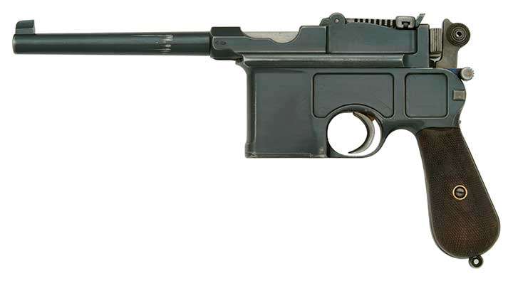 Mauser C96 left side shown on white.