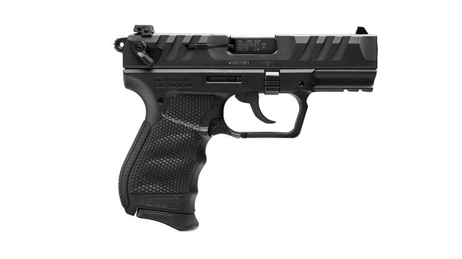 Right side of the all-black Walther PD380 pistol.