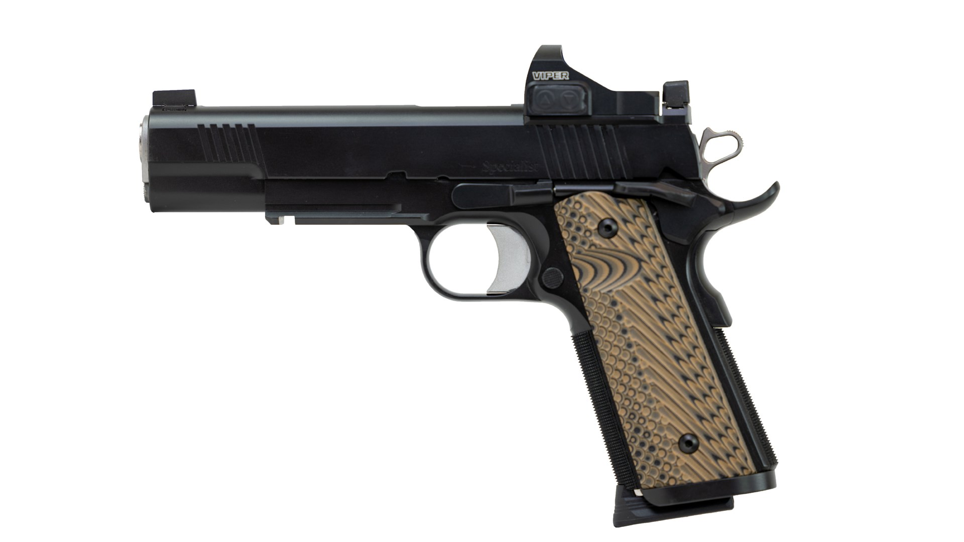 Left side of the all-black Dan Wesson 1911 Specialist Optics-Ready Pistol on a white background.