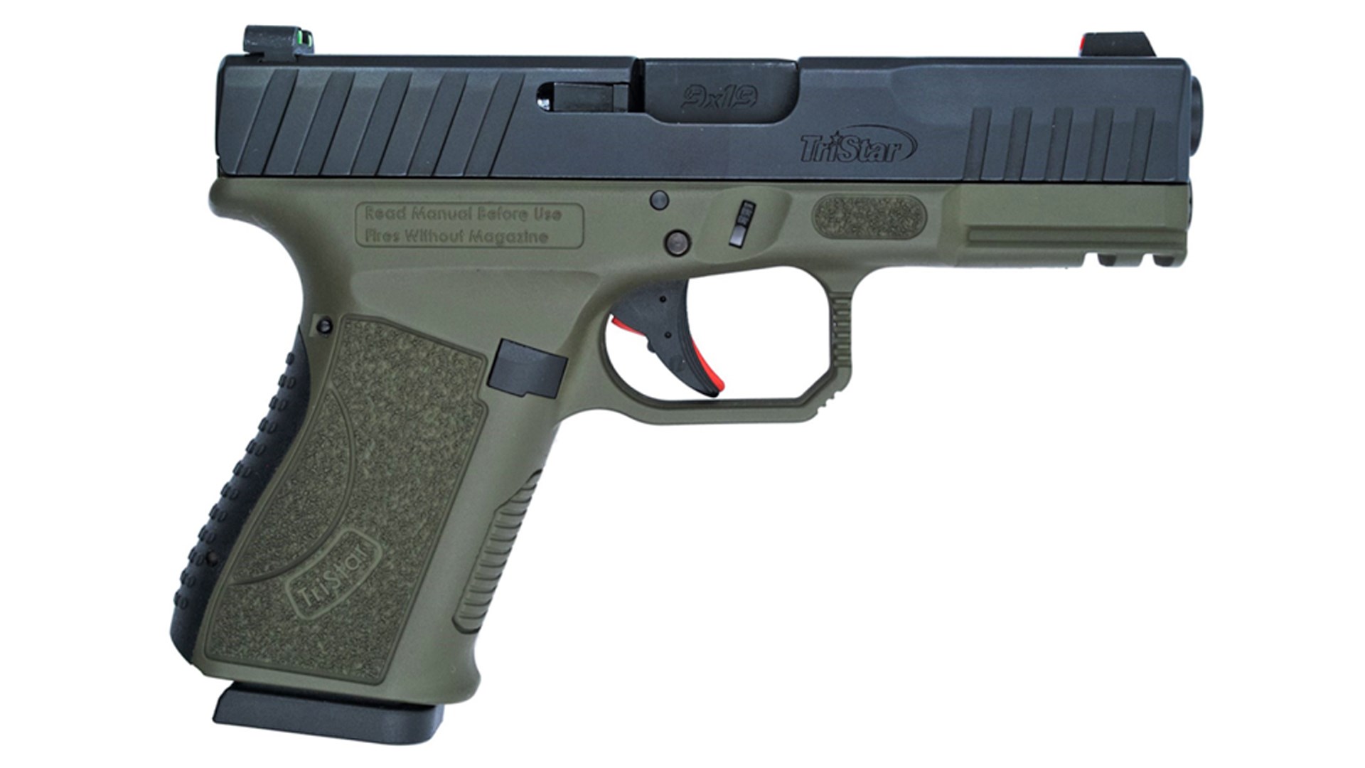 Right side of a TriStar Arms APOC with a black slide and an Olive Drab polymer frame.