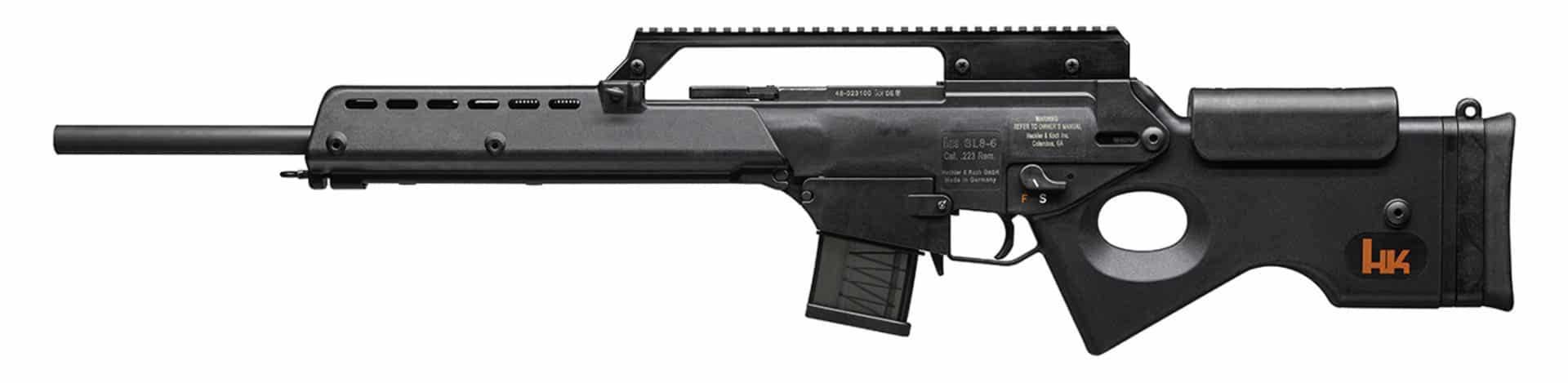 H&K SL8-6 left-side full-length view on white background black rifle gun semi-automatic thumbhole stock
