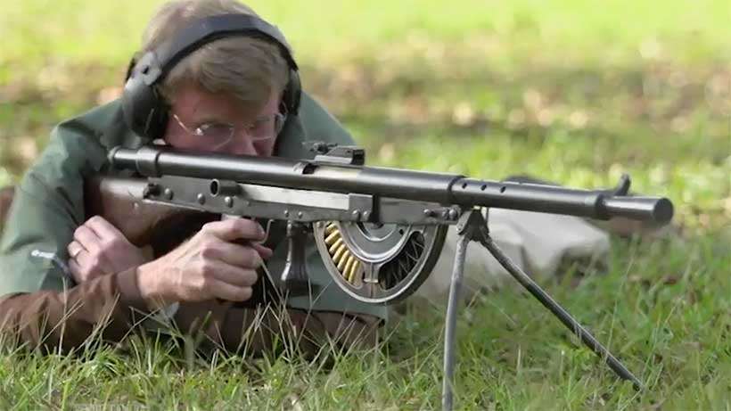 The CSRG 1915 Chauchat machine rifle with the bipod deployed.