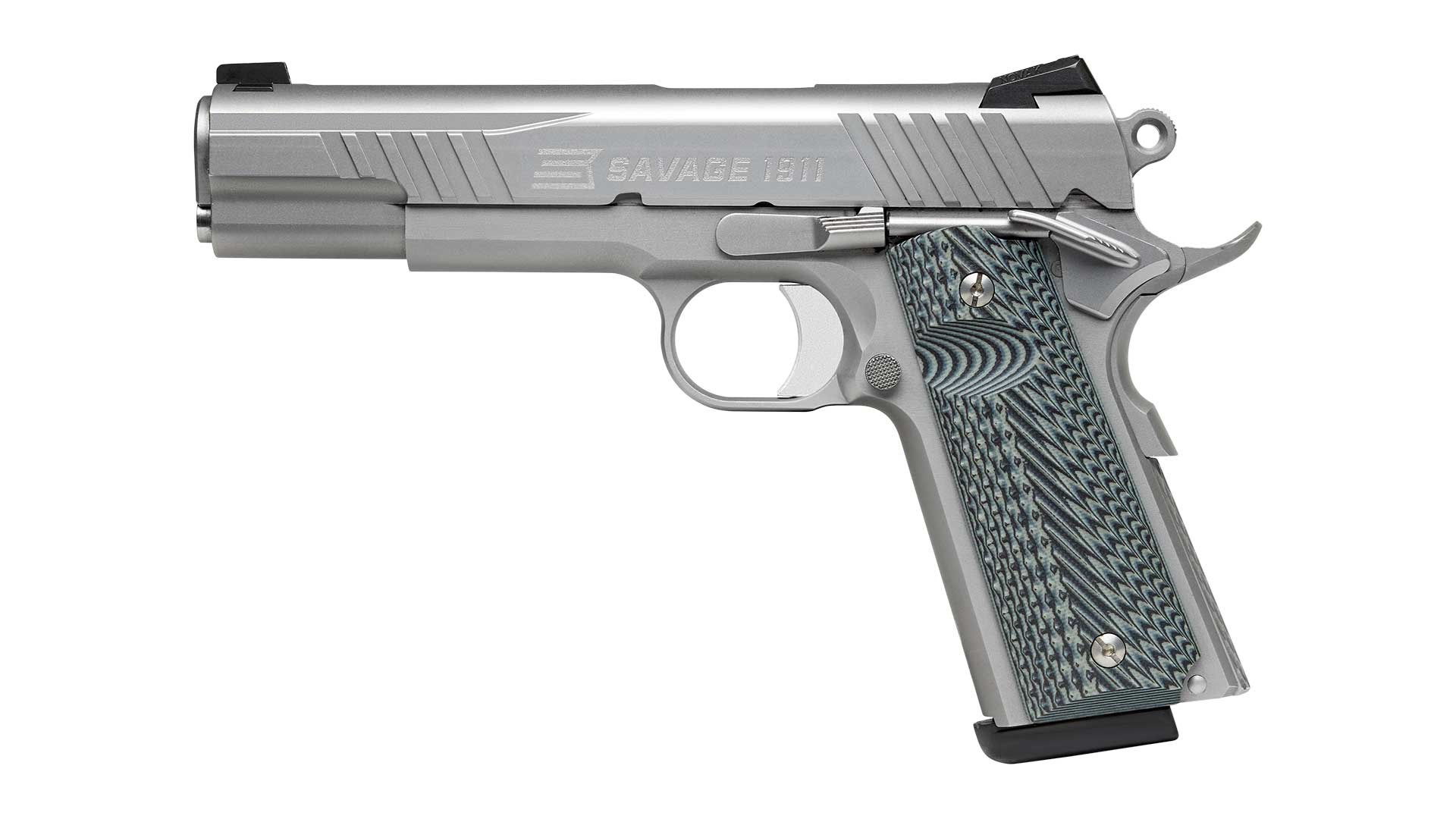 A stainless-steel Savage 1911 handgun's left side shown on white.