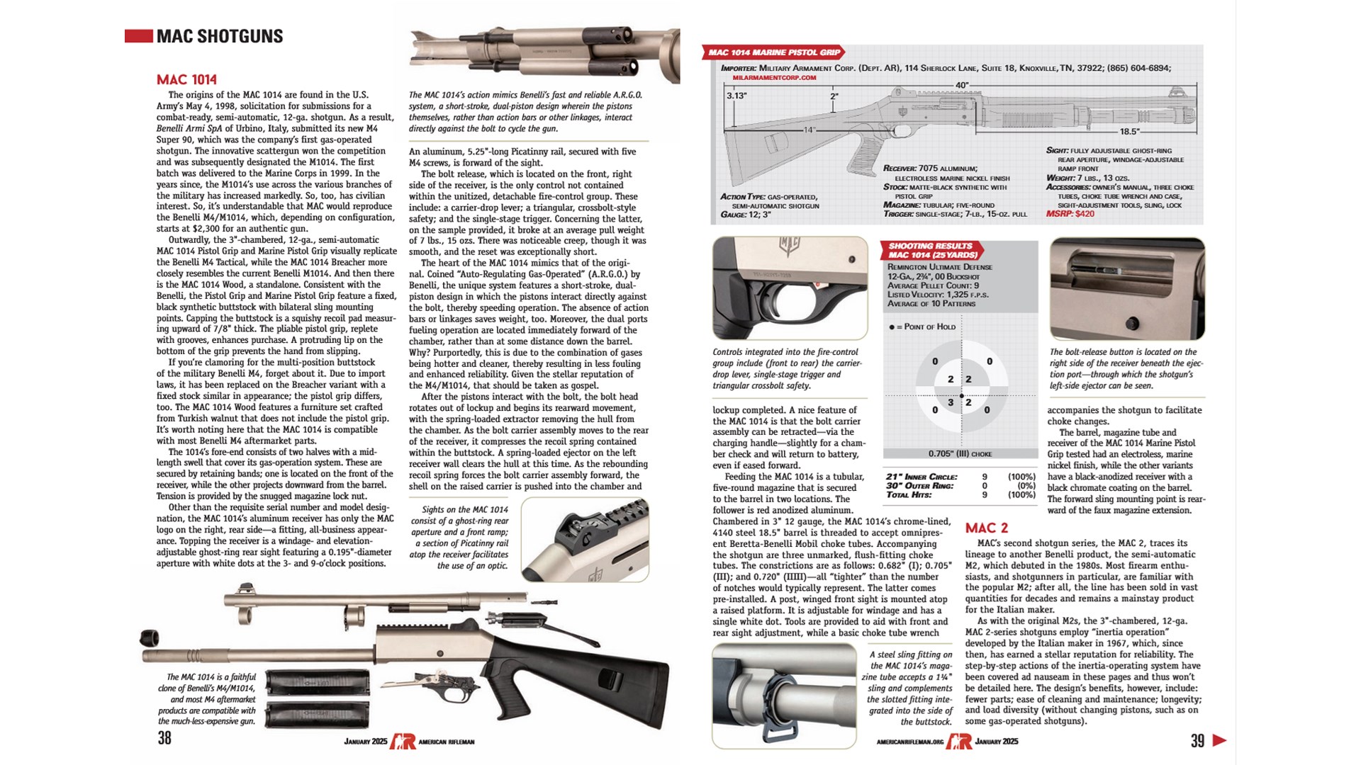 Magazine centerfold art text layout of gun review MAC shotgun disassembled details specifications