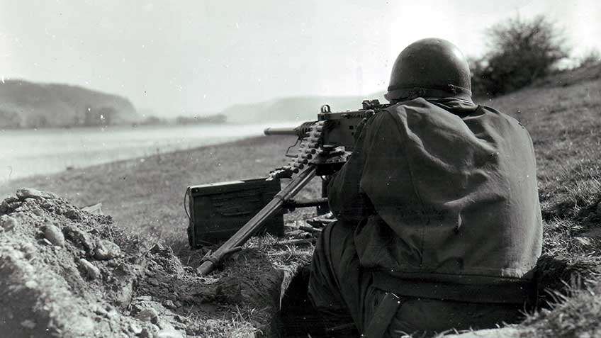 Browning M2 .50 caliber machine gun position of the 32nd Cavalry near the Ludendorff Bridge.  Machine guns and riflemen made short work of German frogmen in the Rhine attempting to mine the bridge after its capture.