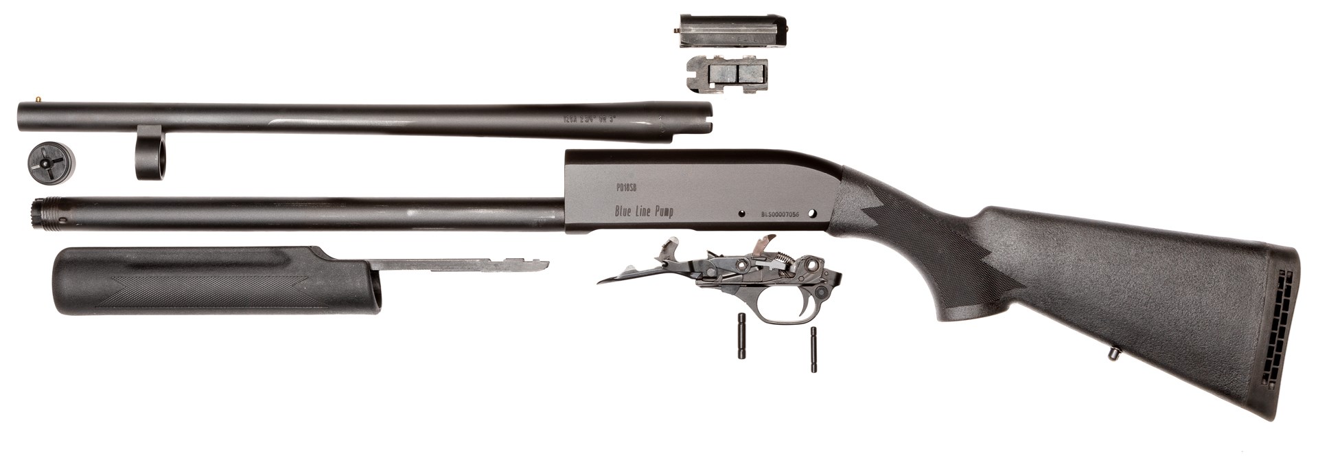 left-side view blue line solutions pump-action shotgun parts diassembled arrangement on white