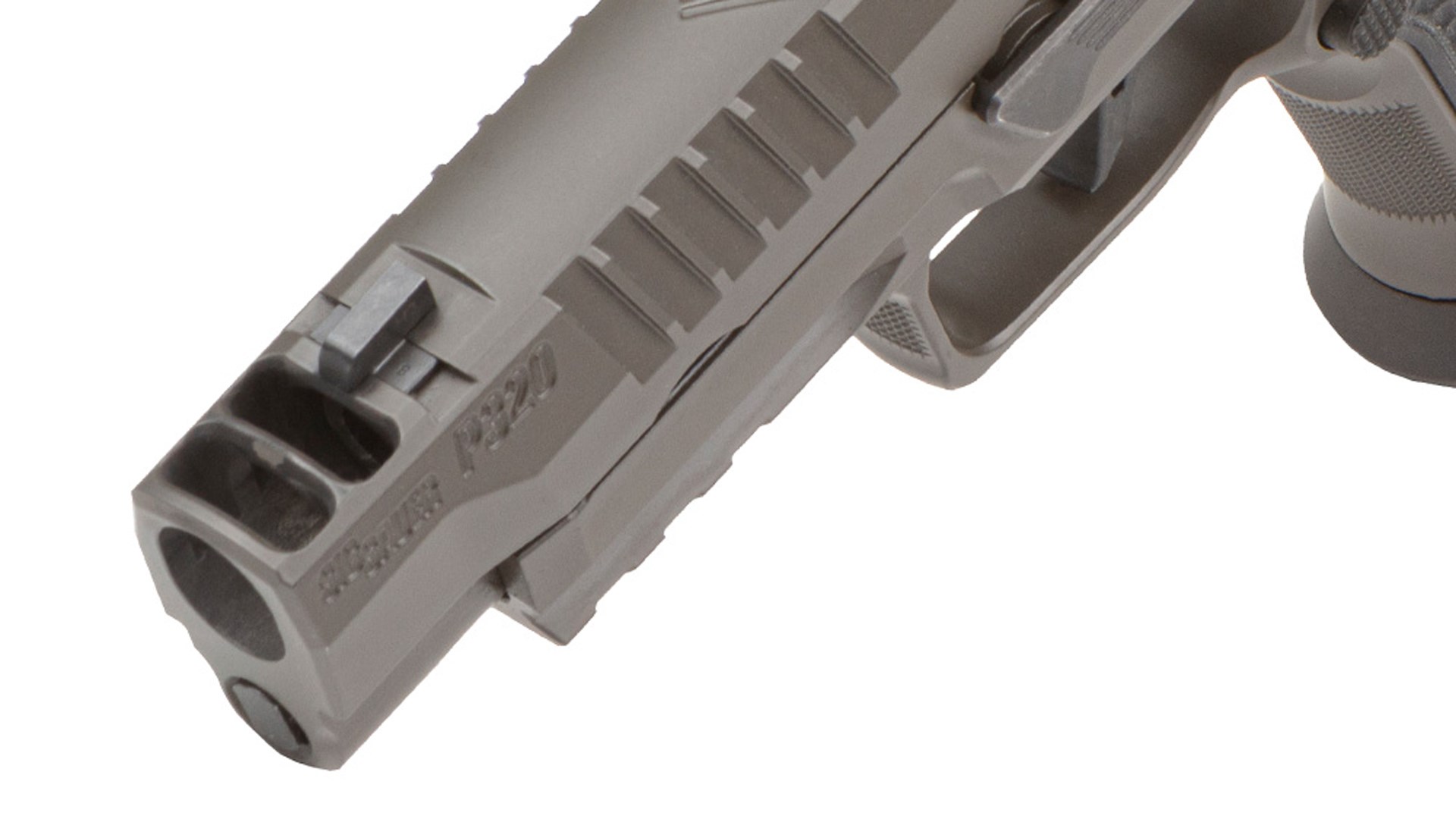 A close-up shot of the ports on top of the SIG Sauer P320-AXG Legion pistol's slide.