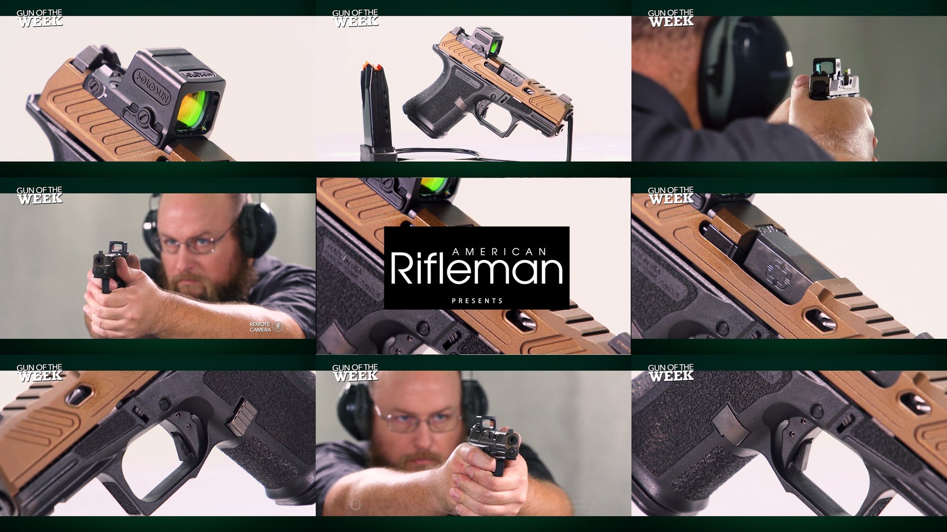 Nine images tiles mosaic AMERICAN RIFLEMAN PRESENTS text middle guns man shooting pistol shadow systems cr920 elite pistol 9 mm shown with holosun red-dot optic