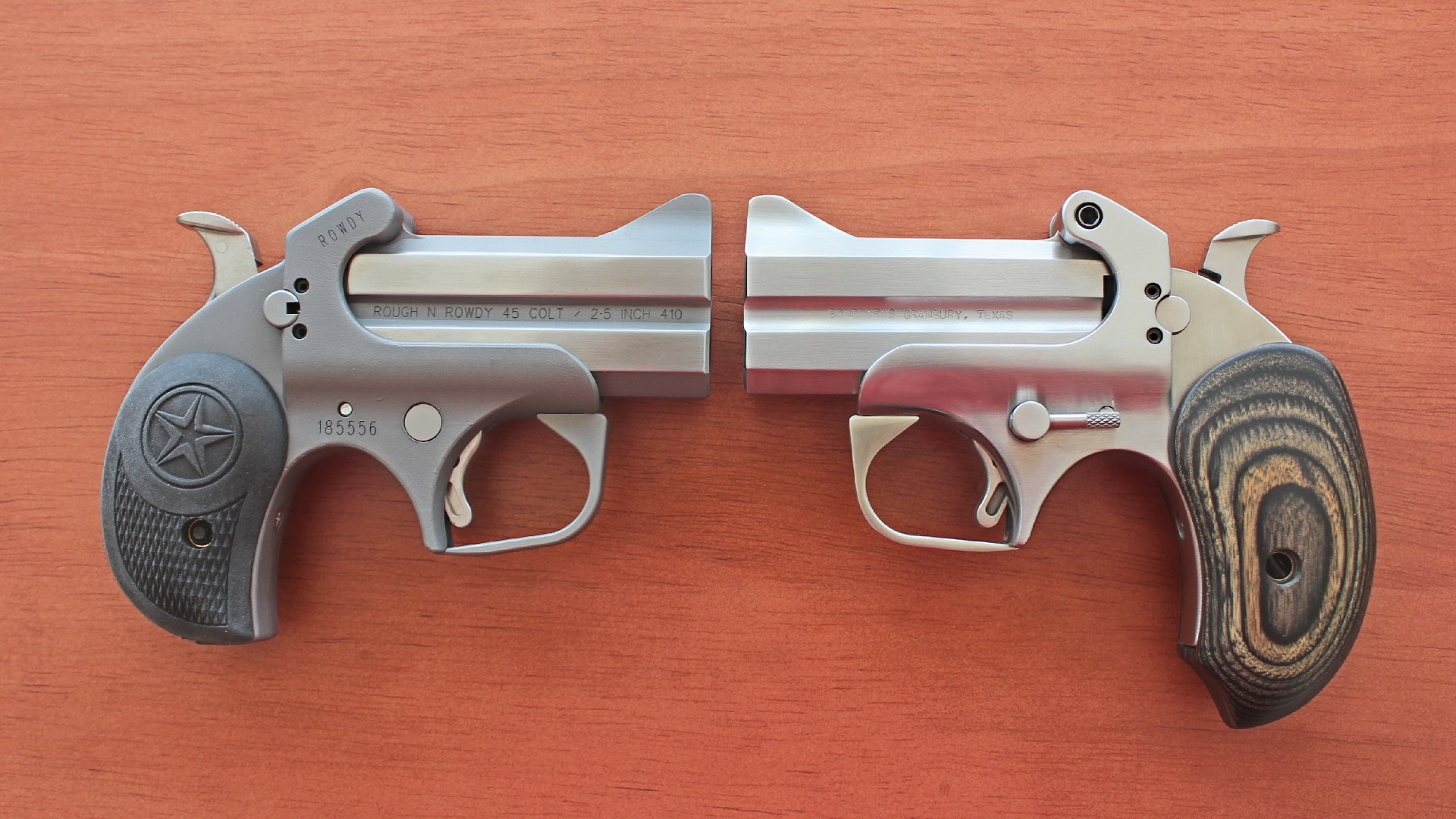 Side-to-side view of a Bond Arms Rough Series pistol compared to its Defender Series pistol.