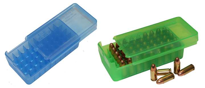 Green and blue ammunition box with cartridges on white background.