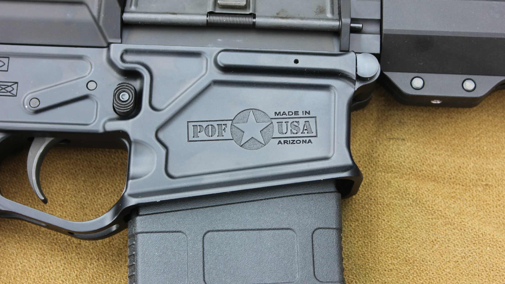 POF-USA LMR Base .308 semi-automatic close-up view black aluminum receiver right-side stampings on magazine well exterior