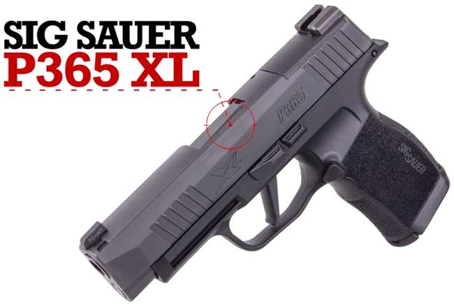 Left-side quartering view of SIG Sauer P365 XL 9 mm handgun with text on image that says SIG SAUER P365 XL