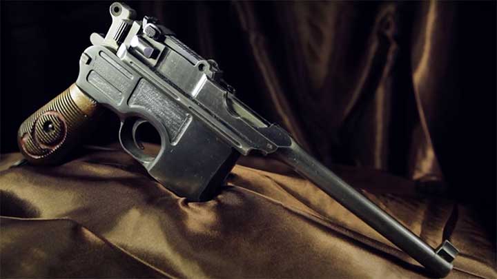 The Mauser C96 semi-automatic handgun, one of the side arms used by German officers during World War I.