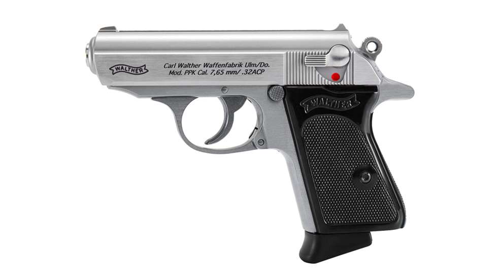 Walther PPK .32 ACP left side stainless steel pistol with black grips