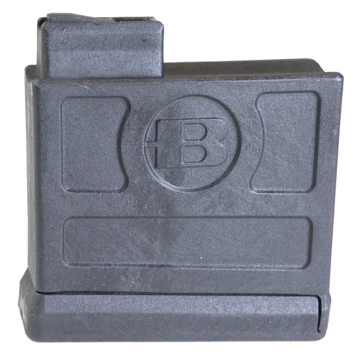 Bolt-action rifle magazine made of black polymer with a &quot;B&quot; stamped on the side. Shown on white background.