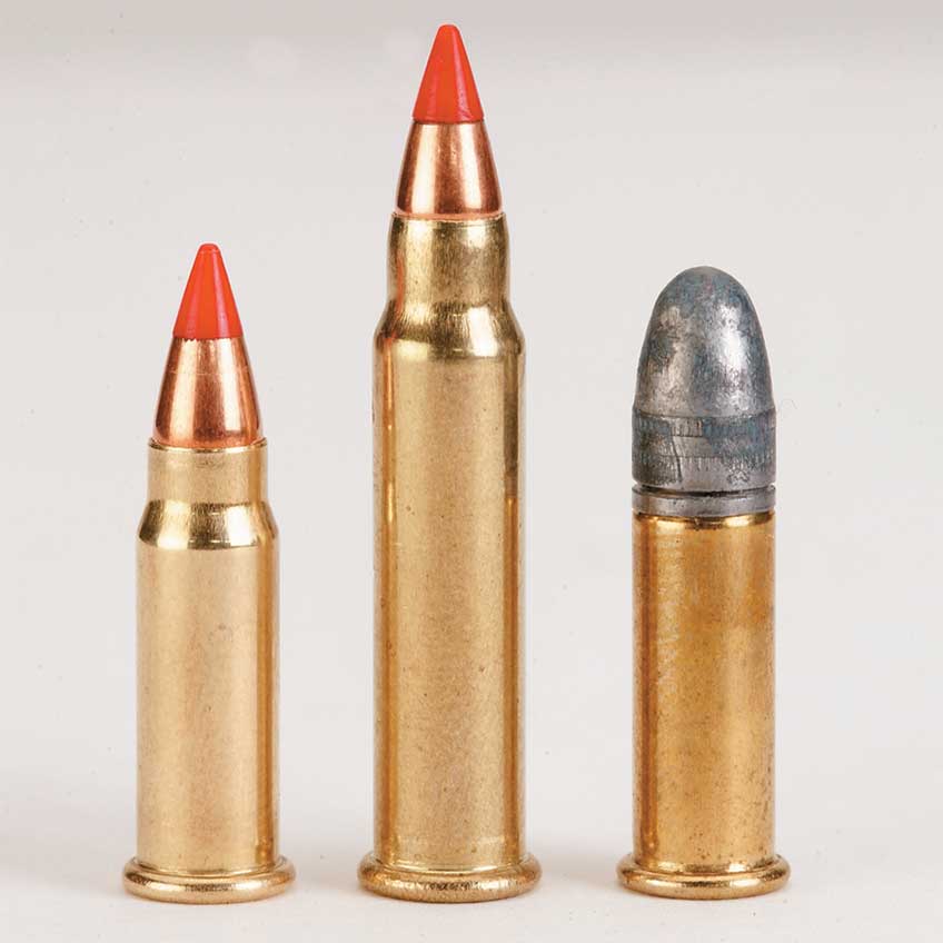 The .17 HM2 stands  (l. to r.) next to its“first cousin,” the  .17 HMR and its “father,” the .22 LR.