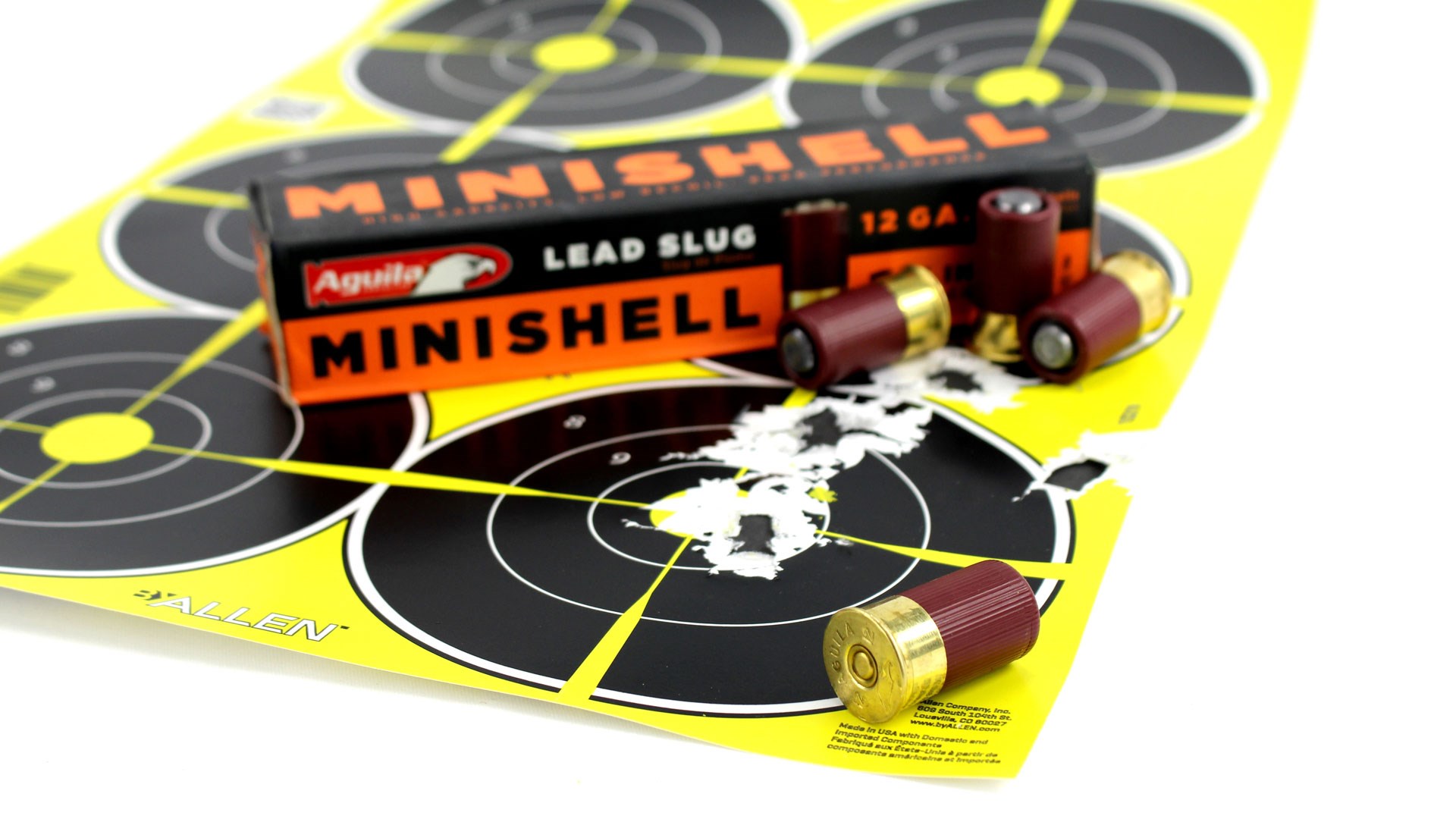Aguila minishell box ammunition shotgun slug with yellow and black target