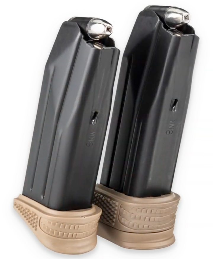Two pistol magazines with brown base plates standing vertical on white background.
