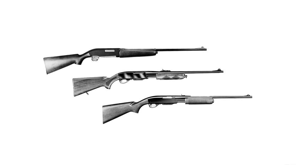 Remington pump action rifle model 760 7600 three rifle stack black white right-side view guns