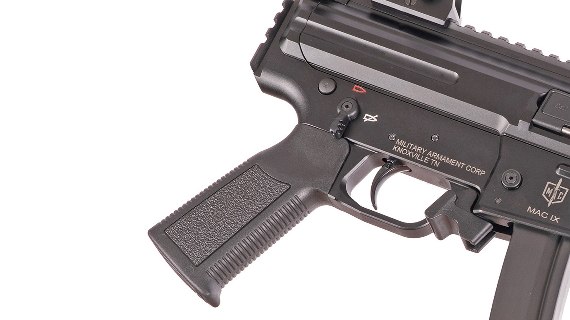 Right side of the grip and controls on the SDS Imports MAC IX pistol.