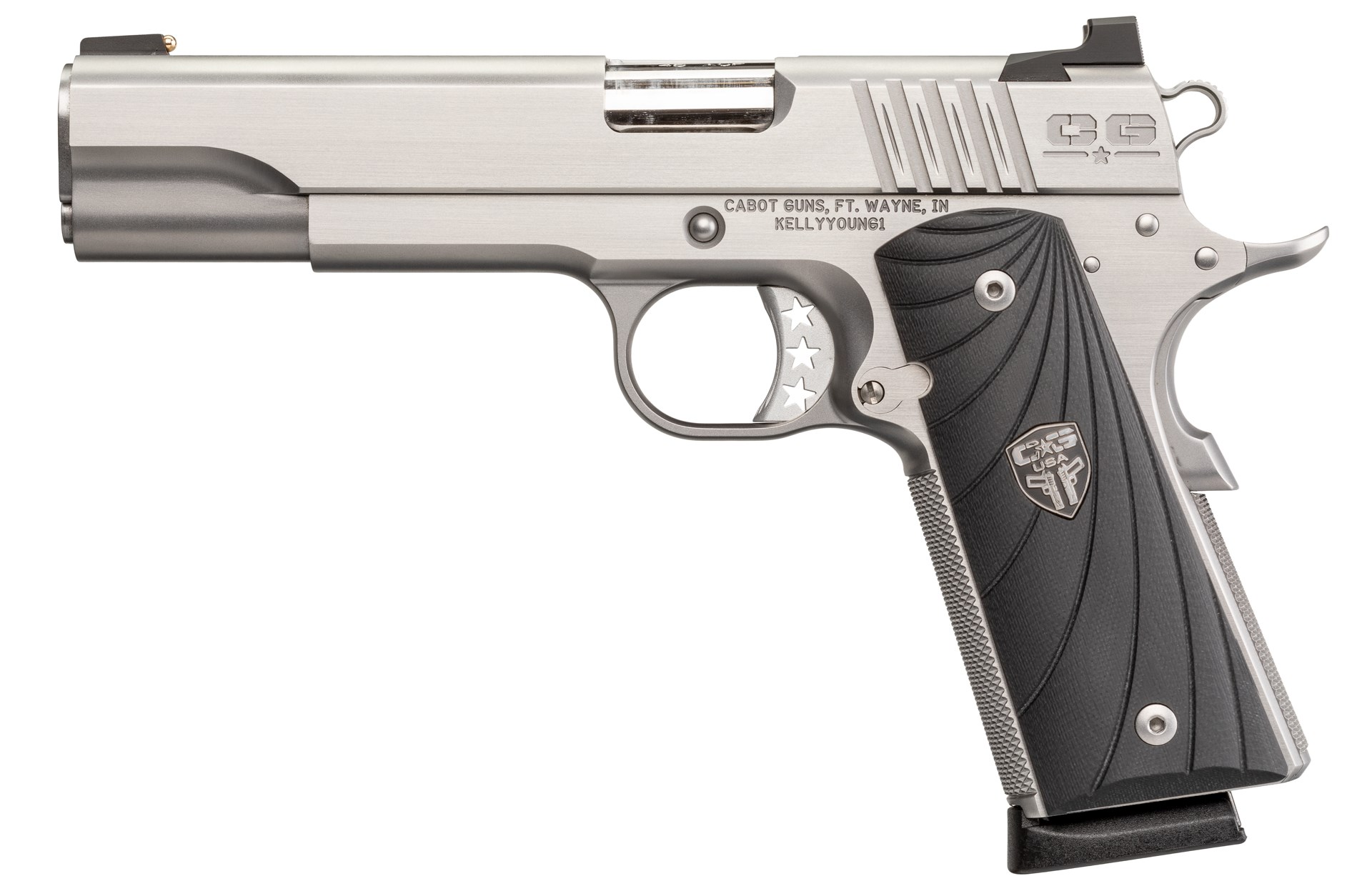 Cabot Guns Southpaw M1911 pistol handgun .45 ACP stainless steel gun left-side on white black grips silver metal