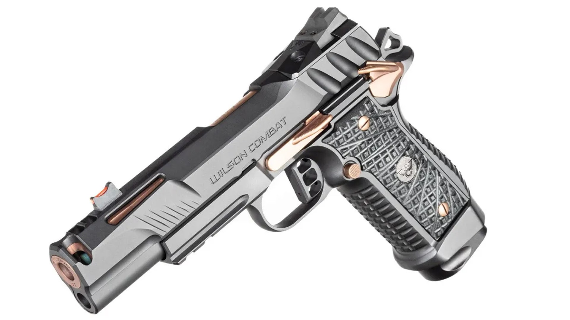 Left-side angled dynamic view of Wilson Combat Division 77 Project 1 pistol 9 mm gun black finish with gold accents