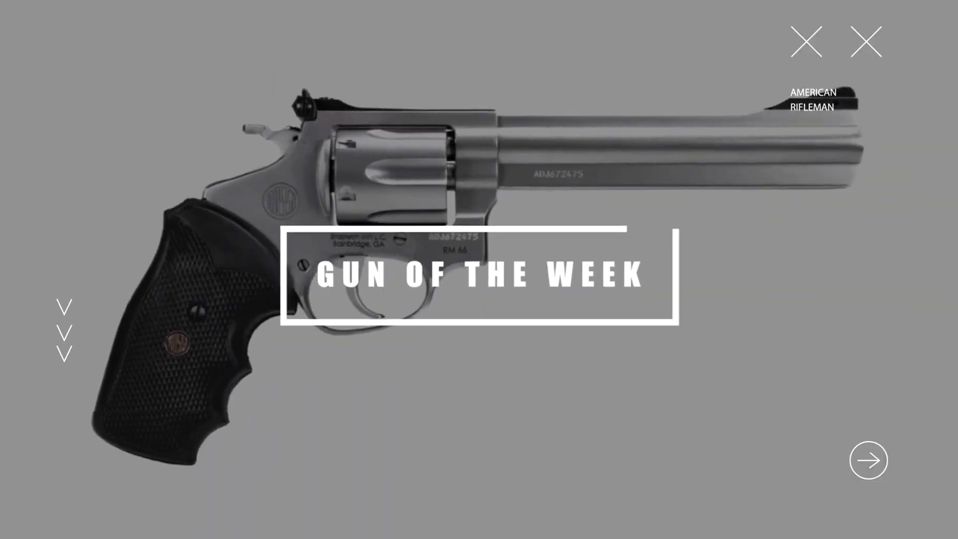 GUN OF THE WEEK AMERICAN RIFLEMAN text on image overlay box over gun revolver rossi usa rm66 stainless steel gun right side view black grips gray background