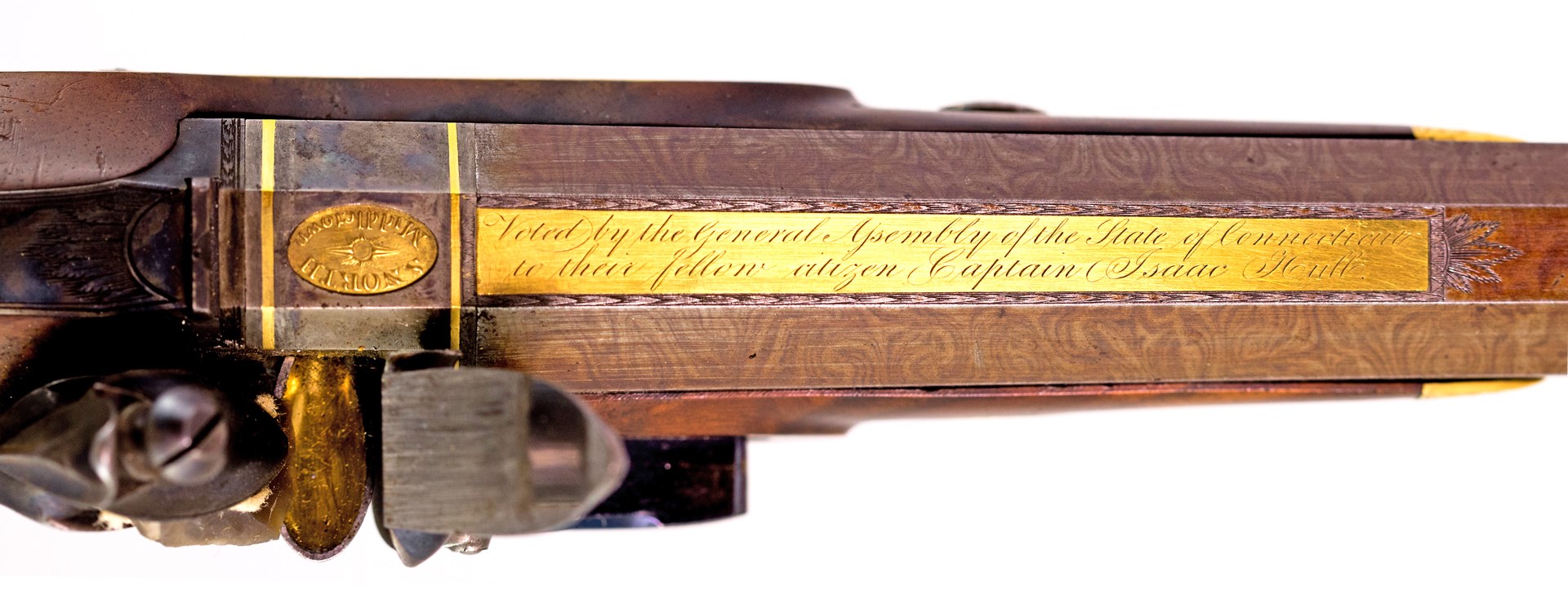 Simeon North presention pistol gold inlay engraving inscription top of barrel