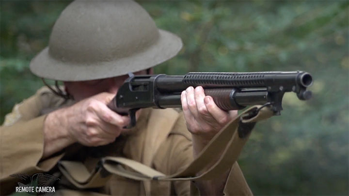 Shooting a Winchester M1897 &quot;trench gun&quot; shotgun.
