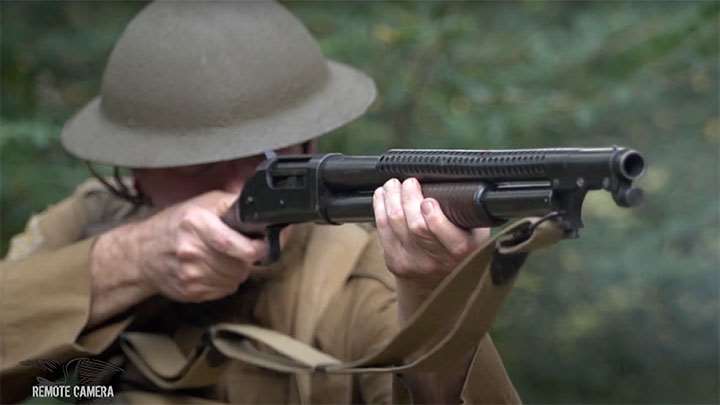 Shooting a Winchester M1897 &quot;trench gun&quot; shotgun.