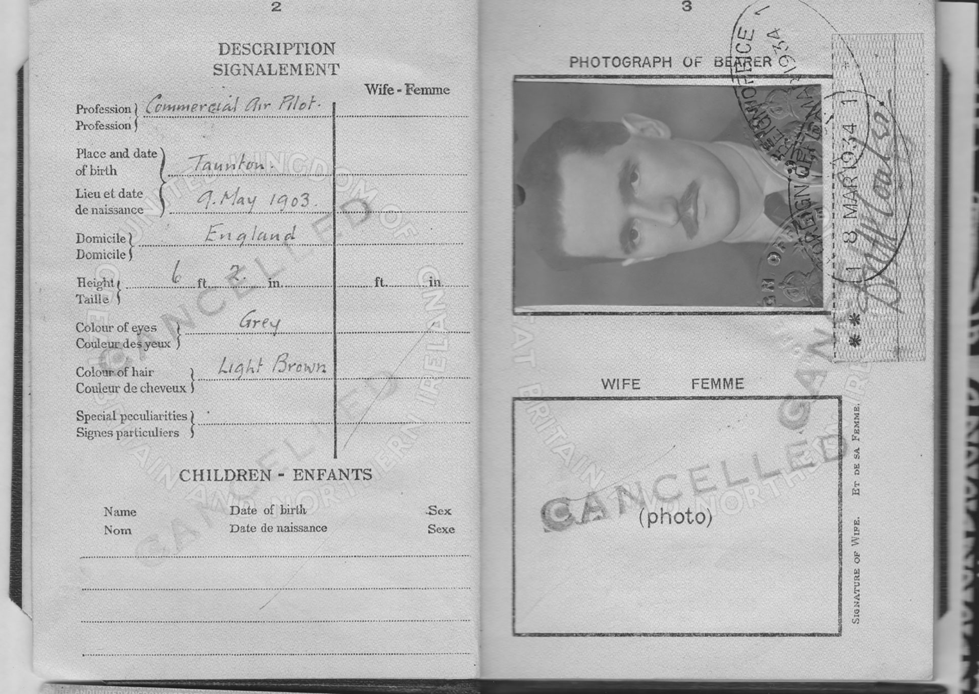 (Passport pages with “Commercial Air Pilot” notations) Both of Coates’ British passports (one shown) indicate that he was a “commercial air pilot” in Mexico, the Caribbean, and in South and Central America, from the early 1930s through the mid-1940s.  He also traveled to Finland in 1939, and to Canada in the 1940s.