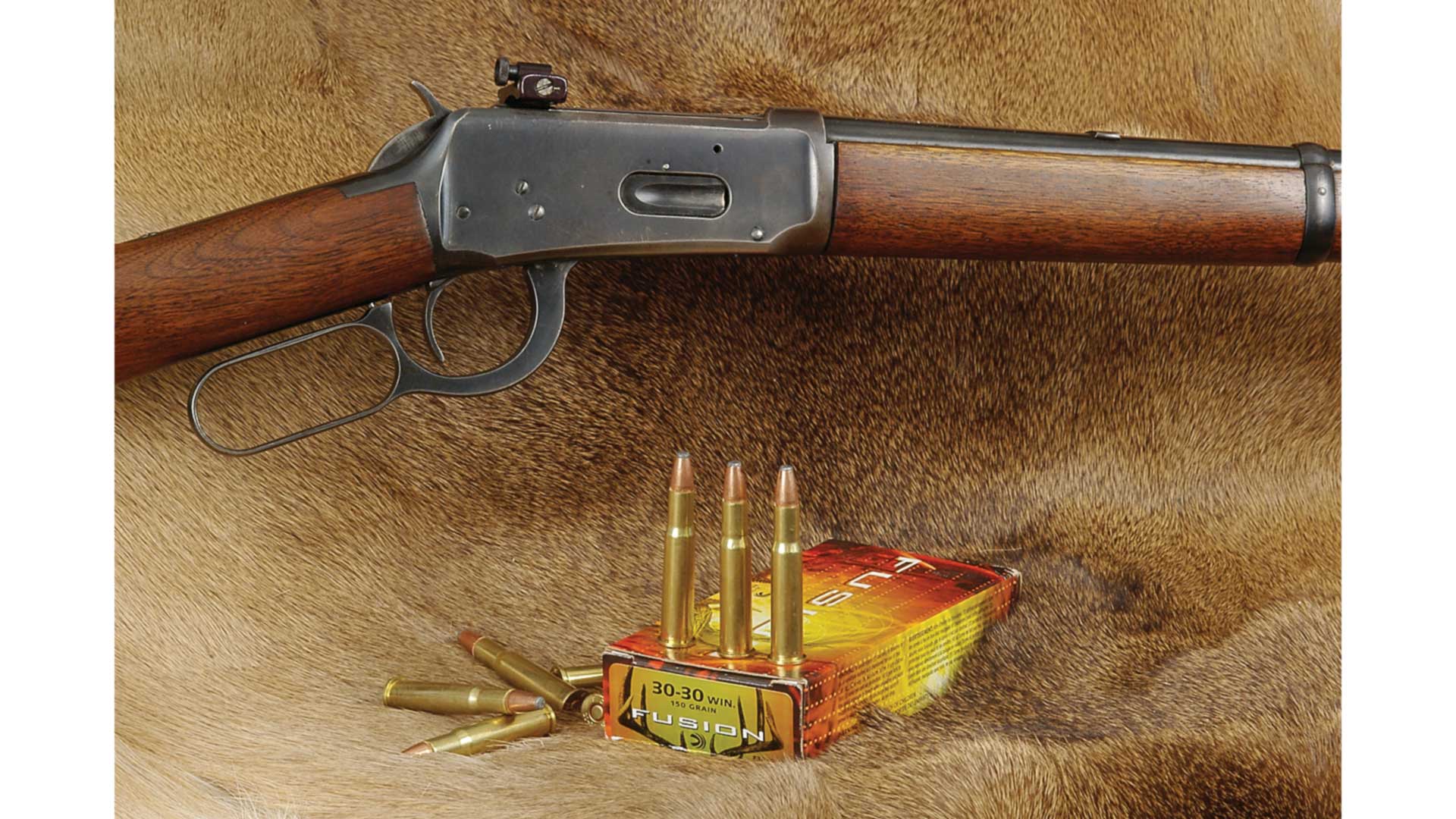 Federal Fusion 30-30 Winchester ammunition with lever-action rifle carbine deer whitetail pelt hide fur