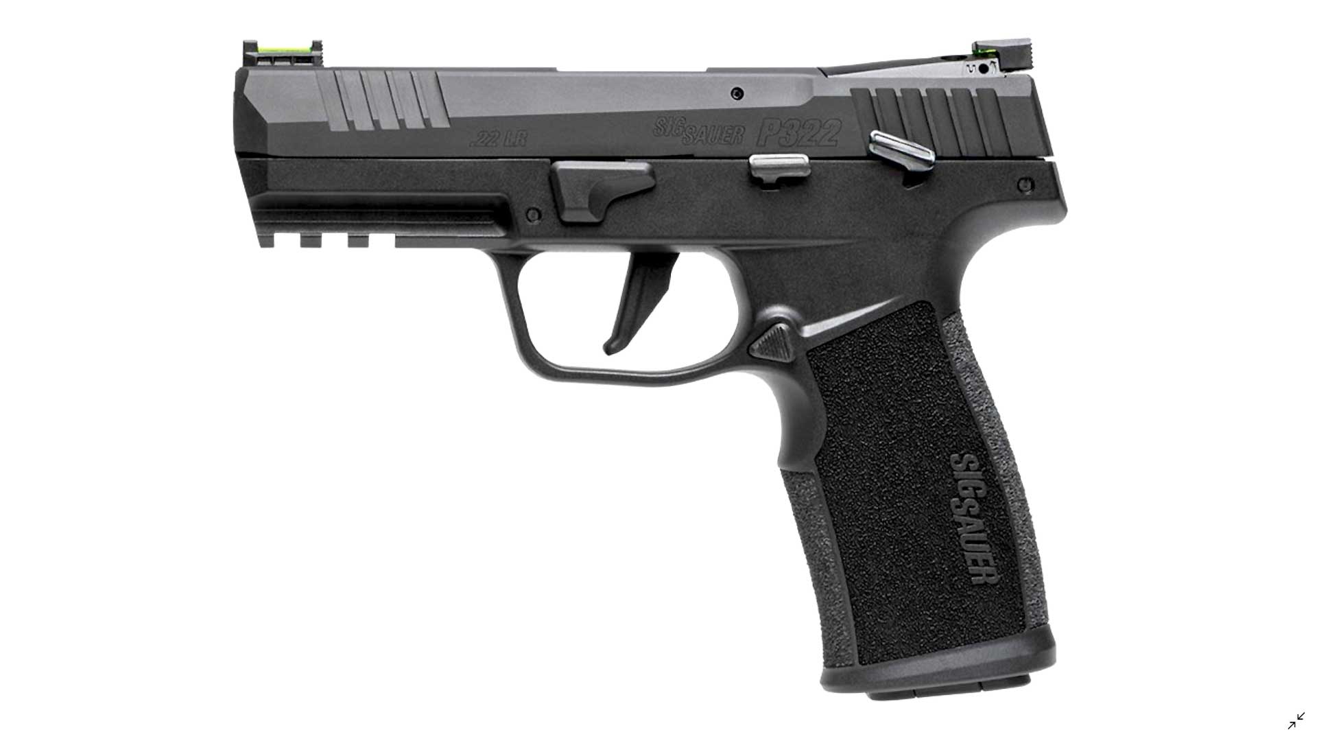 left-side view SIG SAUER P322 handgun pistol gun black semi-automatic .22-cal. rimfire plastic aluminum
