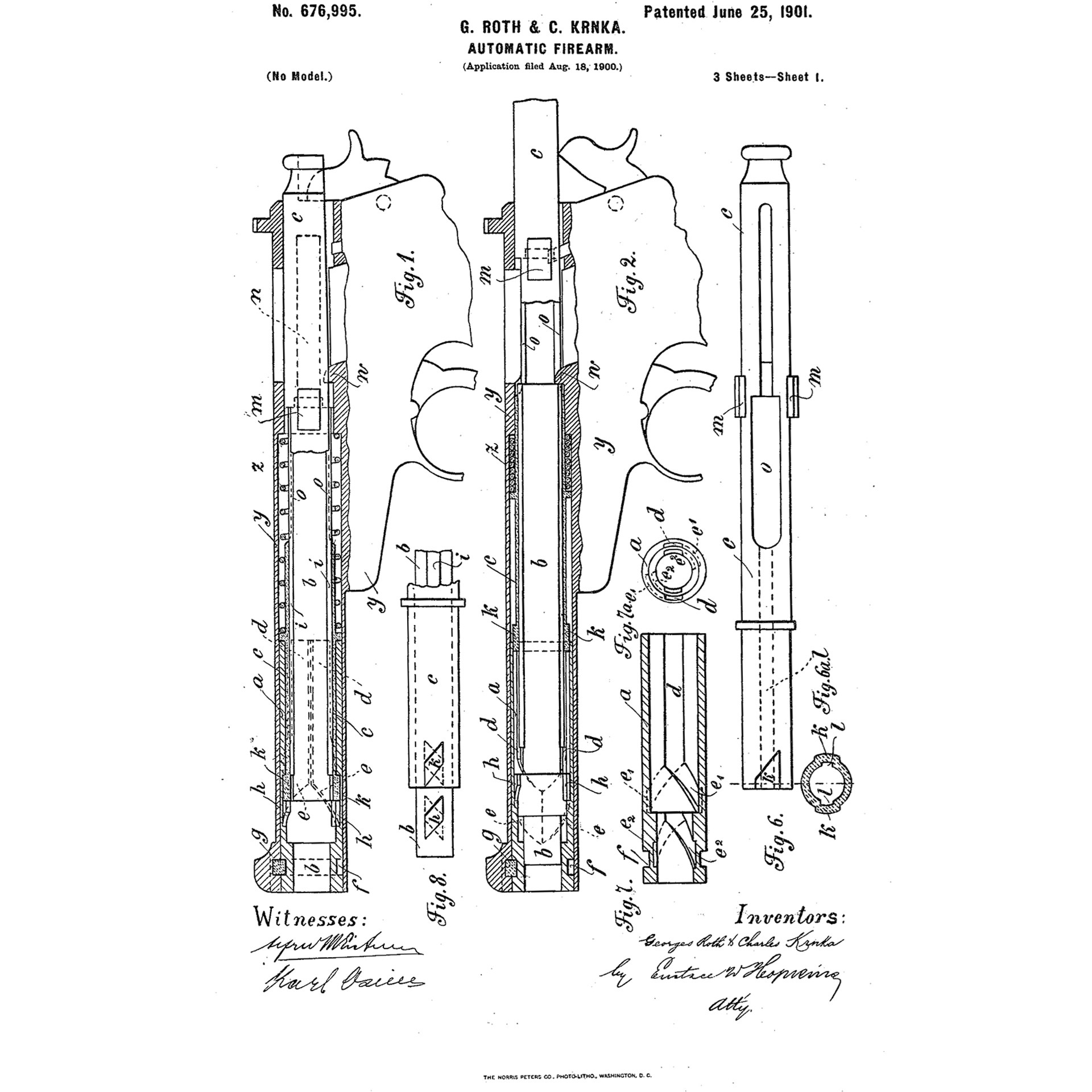 Karel Krnka 1901 patent drawing rotating-barrel pistol design lines text on white