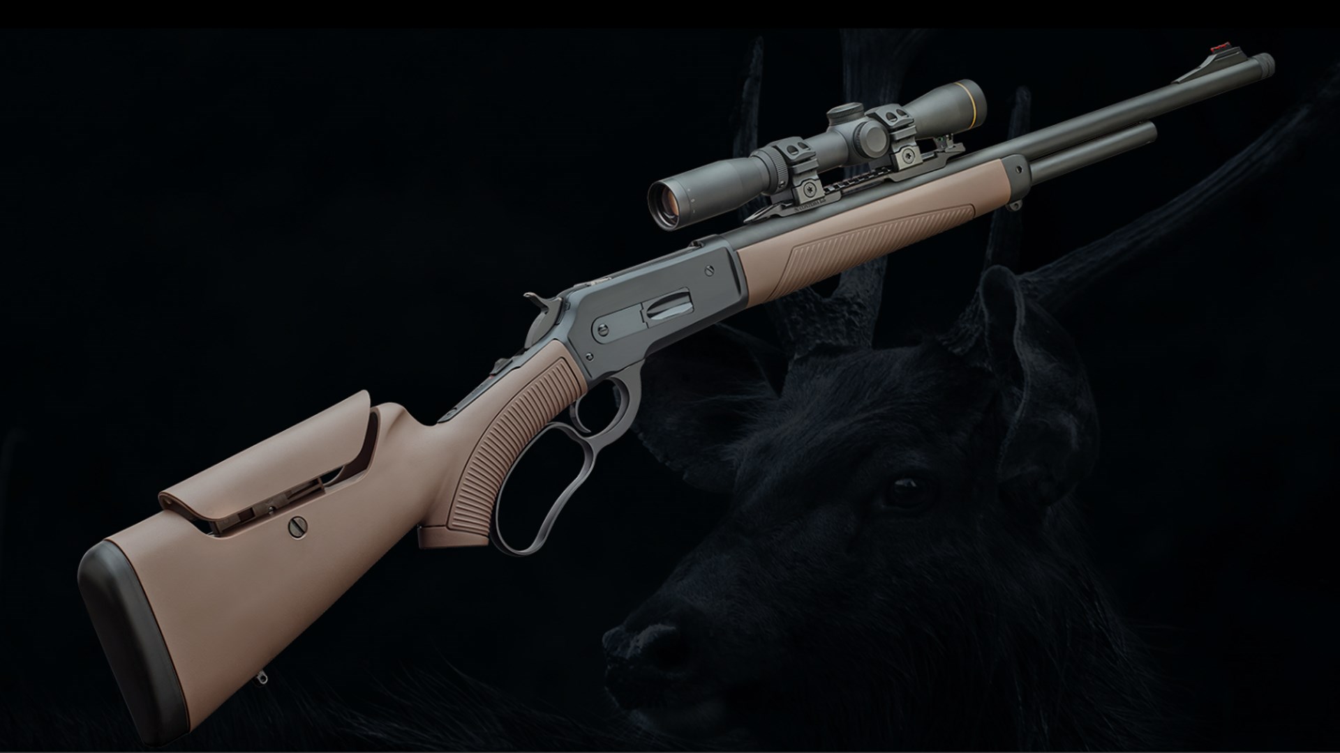 Right side of the Pedersoli Model 86/71 Droptine lever-action rifle with a mounted optic.