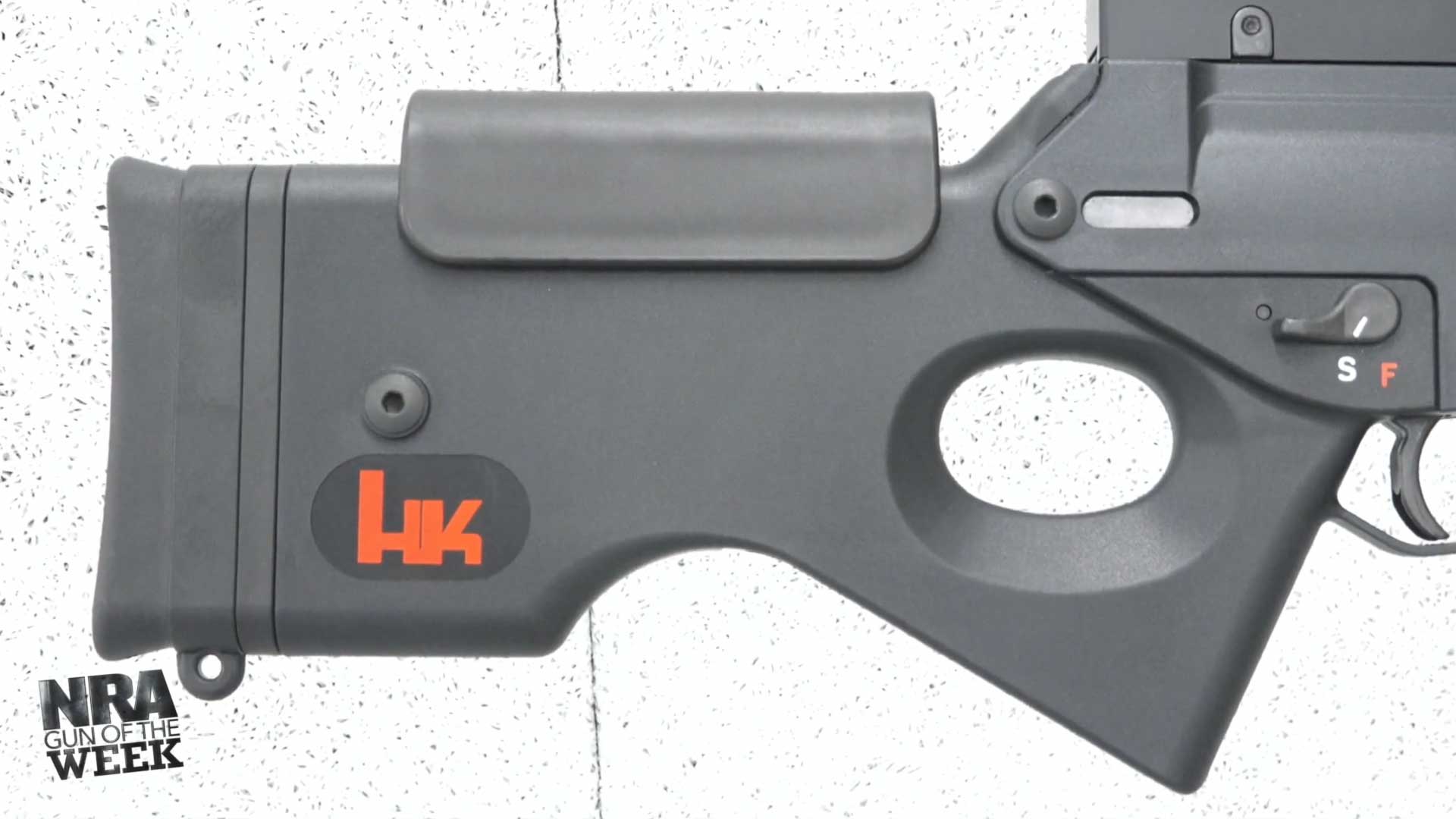 HK SL8 rifle buttstock stock black polymer gun rifle closeup parts