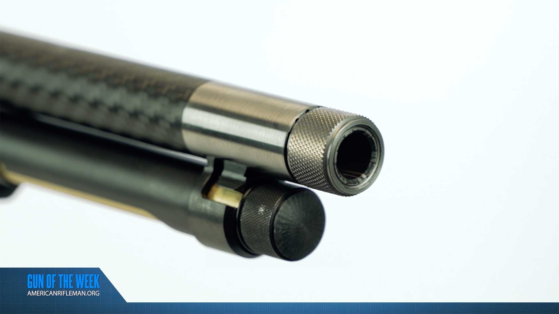 Muzzle end of the Henry Repeating Arms HUSH lever-action rifle.