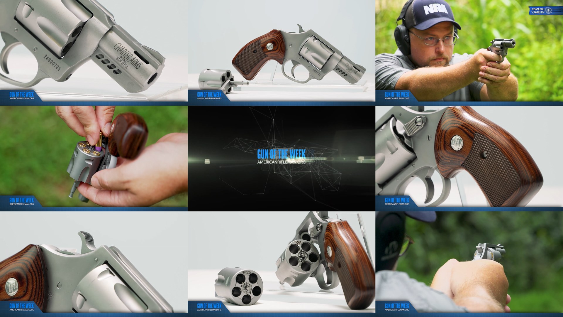 Charter Arms Double Dog GUN OF THE WEEK AMERICAN RIFLEMAN.ORG text on center tile mosaic arrangement nine images man shooting silver stainless steel revolver with 9 mm and 357 mag cylinders