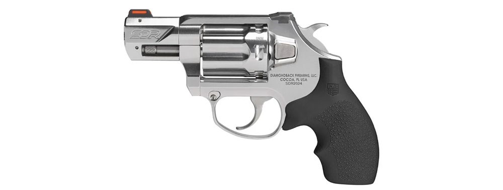 Diamondback SDR 9 mm left-side view stainless steel revolver fluted cylinder short barrel black rubber grip shown on white background