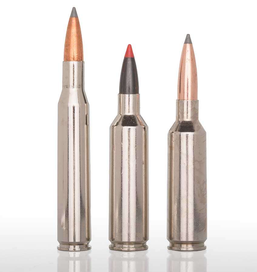 Winchester Ammunition&#x27;s trio of .277-cal. cartridges consists of (l. to r.): .270 Win., .270 WSM and 6.8 mm Western. In designing the latter, company engineers lowered the shoulder on the WSM case in order to allow for more bullet protrusion.