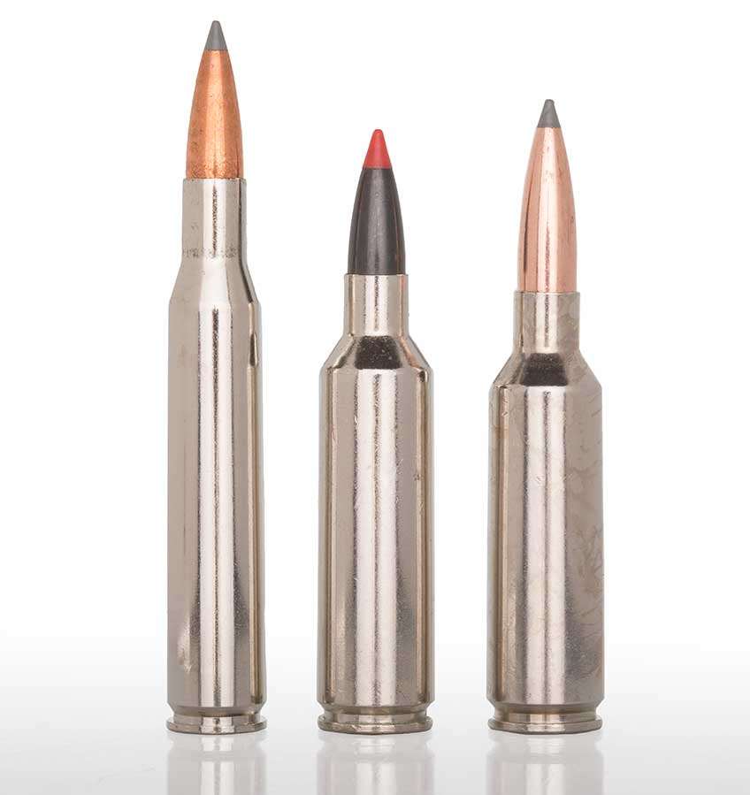 Winchester Ammunition's trio of .277-cal. cartridges consists of (l. to r.): .270 Win., .270 WSM and 6.8 mm Western. In designing the latter, company engineers lowered the shoulder on the WSM case in order to allow for more bullet protrusion.