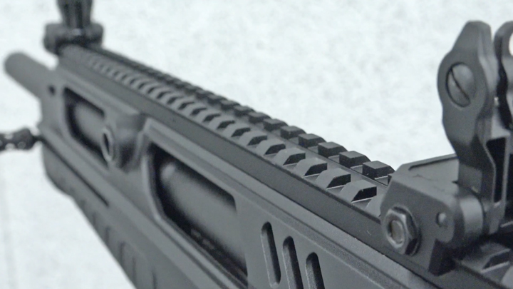 Close-up anlge of Picatinny rail and sights attached to Rock Island Armory shotgun.