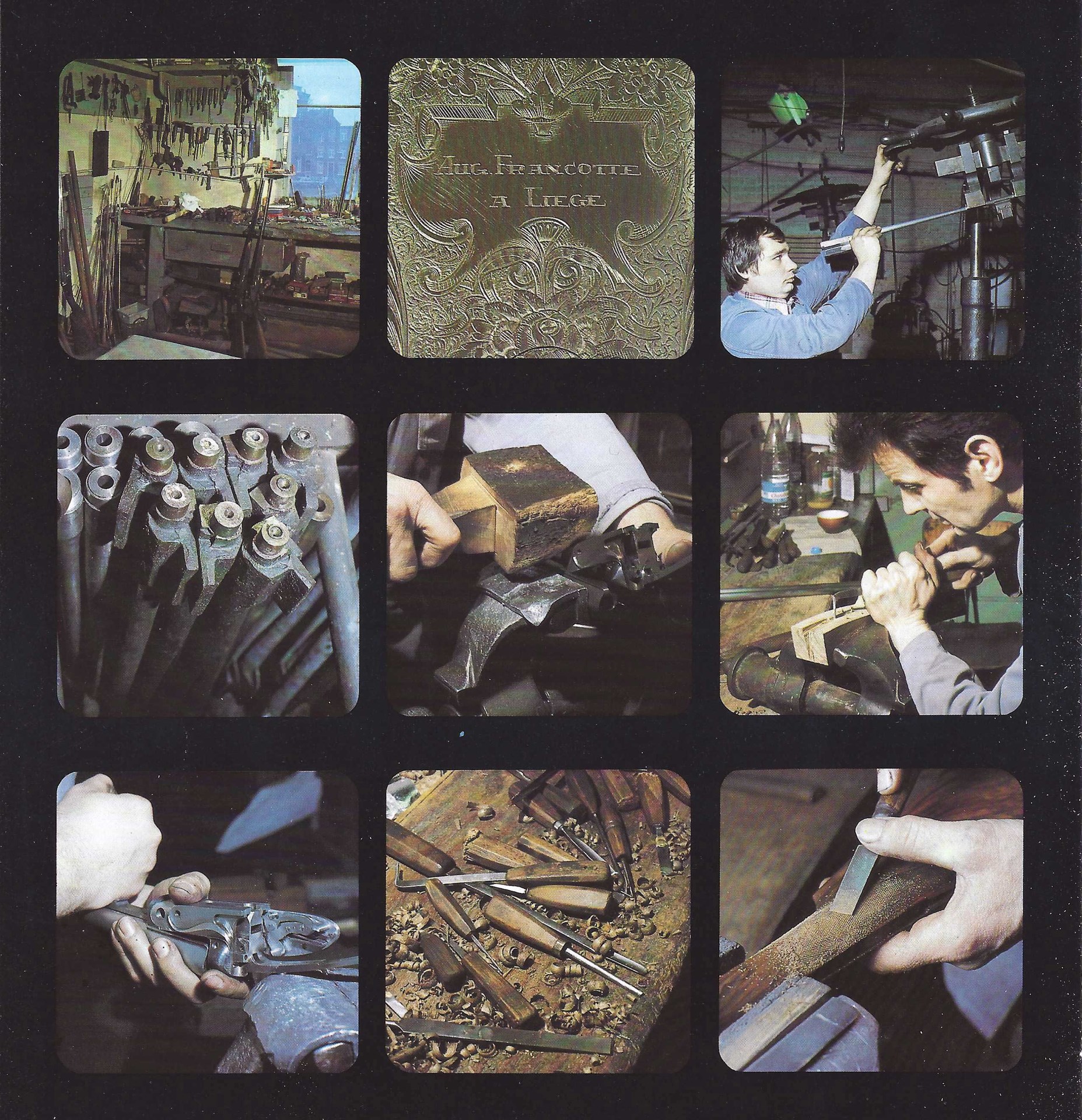 A collage of images showing the inside of Francotte's Belgian arms factory.