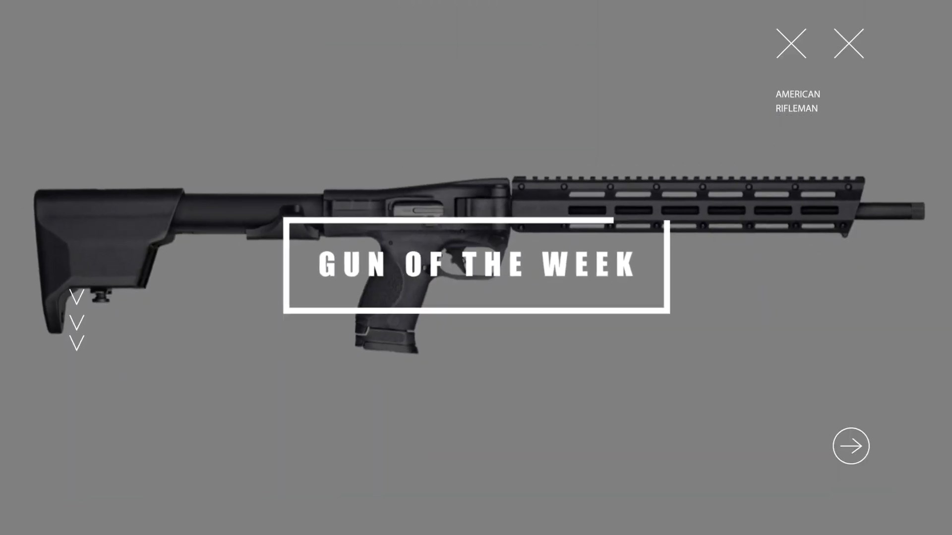 GUN OF THE WEEK title screen text box overlay smith & wesson FPC carbine background right-side view soft AMERICAN RIFLEMAN X X ARROW