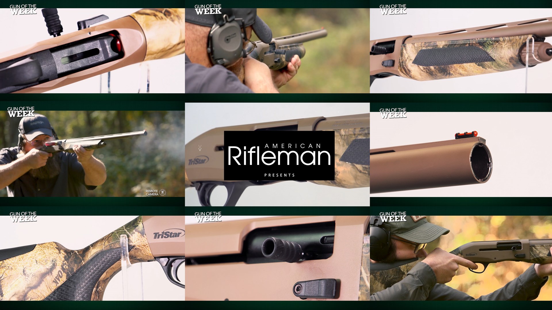 AMERICAN RIFLEMAN PRESENTS GUN OF THE WEEK text on image nine tiles mosaic men shooting shotgun closeup
