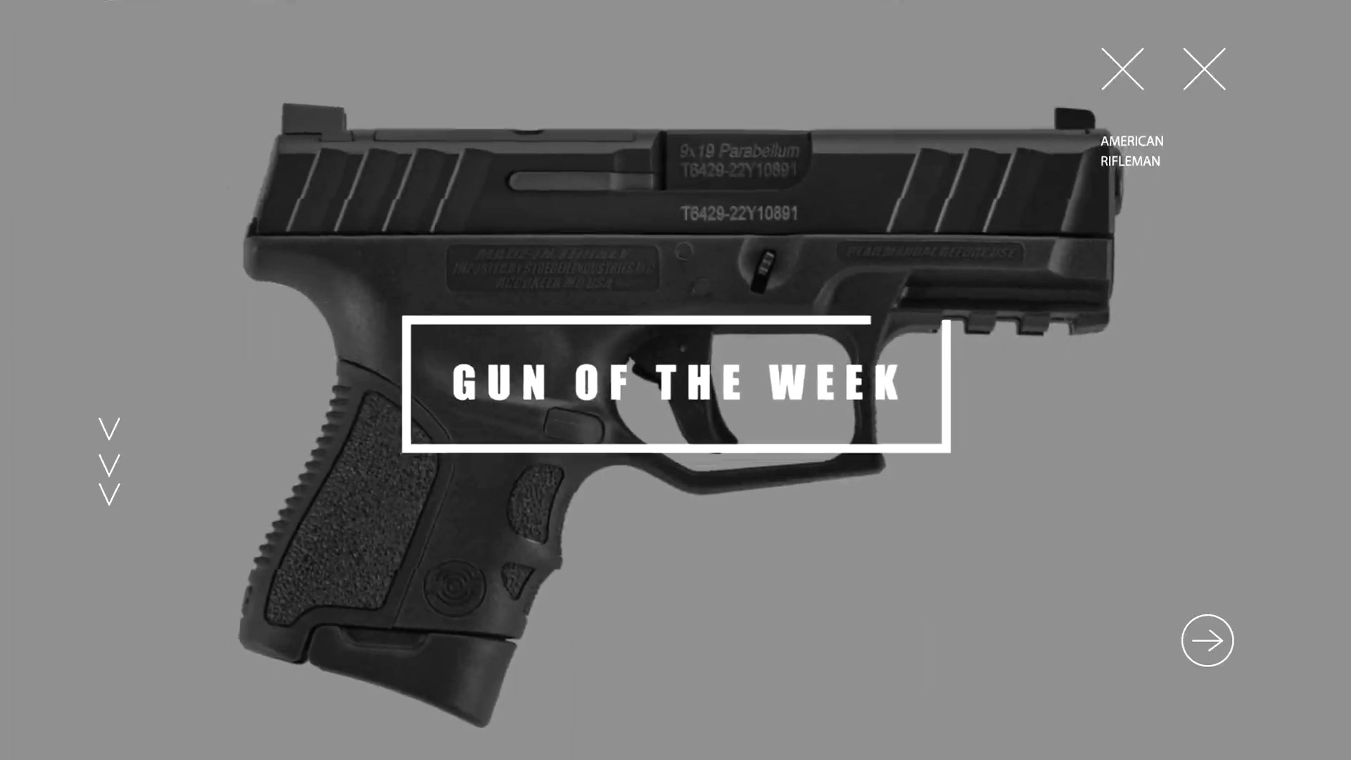 GUN OF THE WEEK AMERICAN RIFLEMAN XX arrows text box overlay right-side view Stoeger STR-9SC pistol 9 mm black gun