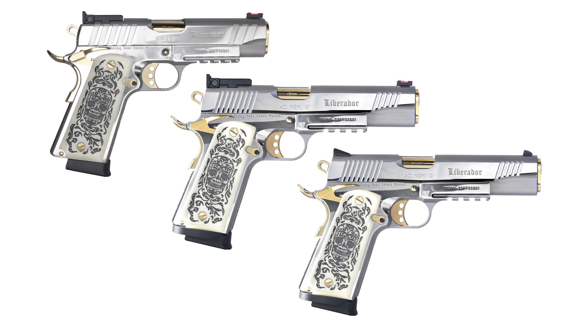 Right sides of three EAA Corp. Girsan Liberador M1911 pistols.