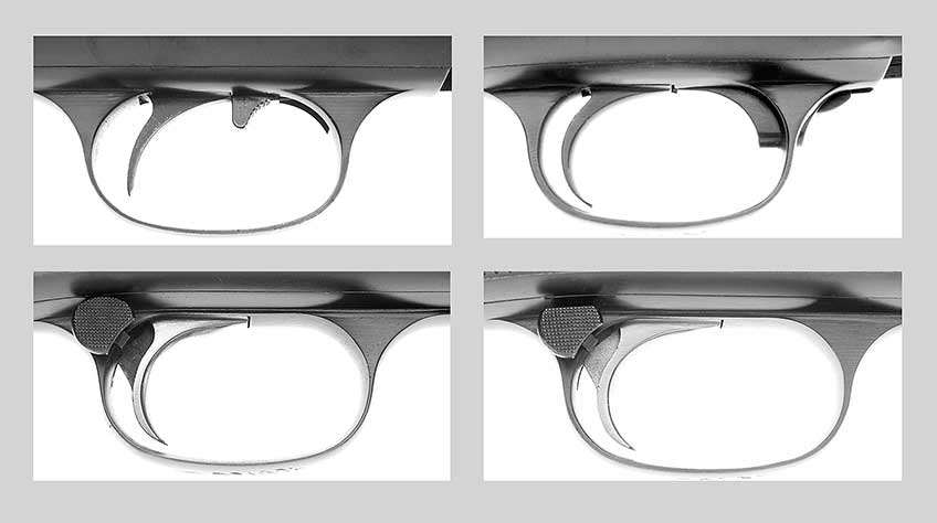 There were four basic variations of Auto-5 safeties throughout production: first (I) inside the trigger guard (1903-1909); second (II) in front of the trigger guard (1909-1951); third (III) crossbolt (1951-1960); and fourth (IV) crossbolt with flat button (1960-1999). Starting from the top left and proceeding clockwise, the safeties are shown as I, II, III and IV.