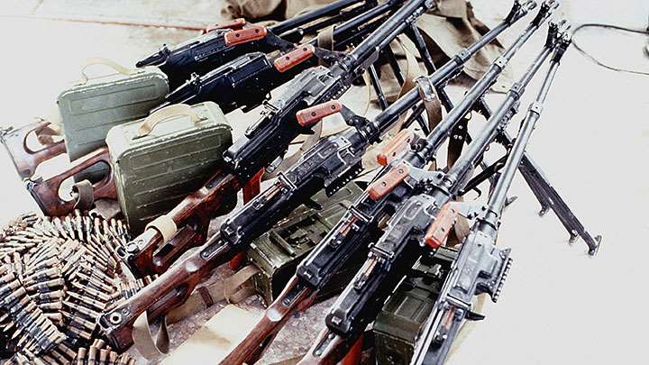 Soviet-made PKM (7.62x54 mm R) general-purpose machine guns captured on Grenada. These gas-operated MGs fire from an open bolt with a cyclic rate of 650 rounds-per-minute.